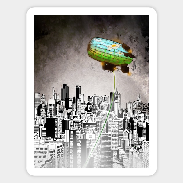 A Message green daisy blimp hovers over a cold gray city Sticker by sandpaperdaisy